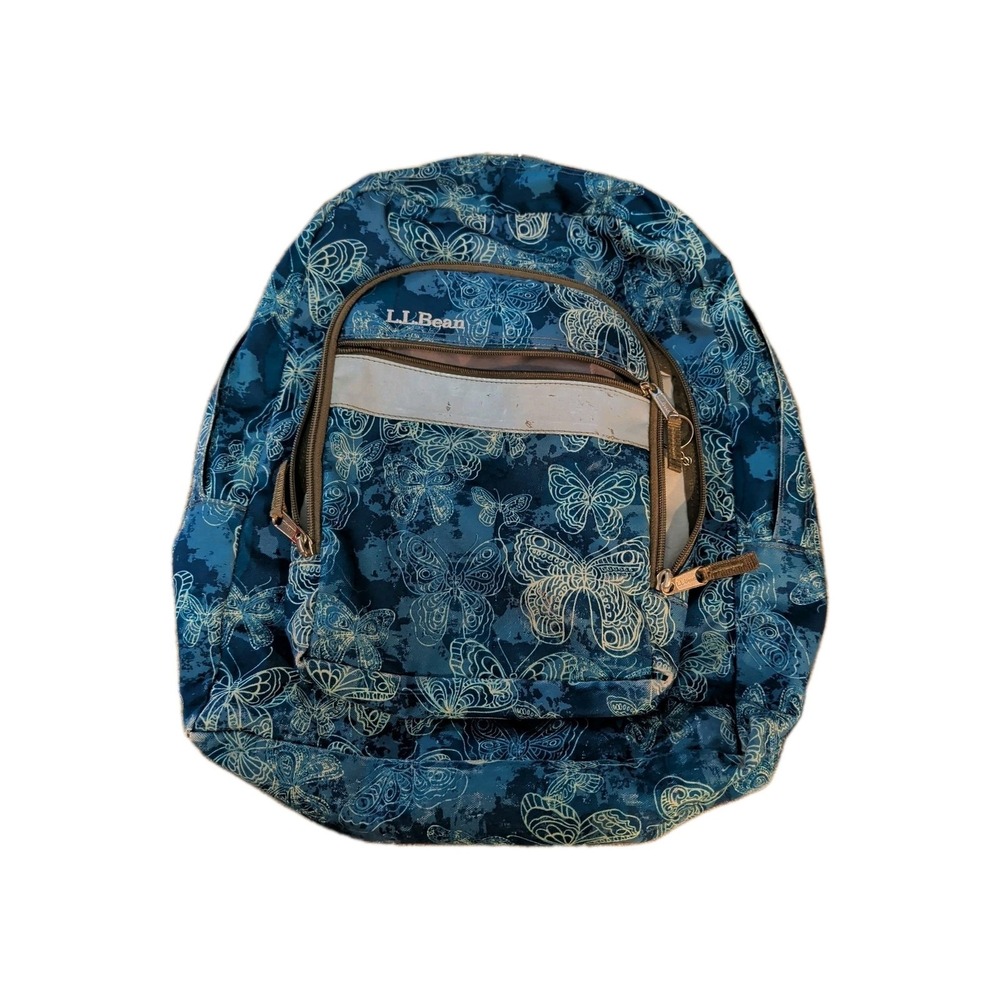 LL Bean Backpack Blue Butterflies Tons of Pockets Adjust Straps All Zippers Work